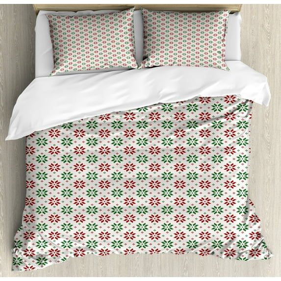Christmas Duvet Cover Set, Traditional Norwegian Selbu Rose Motifs in Diagonal Order Nordic Classical, Decorative 3 Piece Bedding Set with 2 Pillow Shams, Calking Size, Red Green White, by Ambesonne