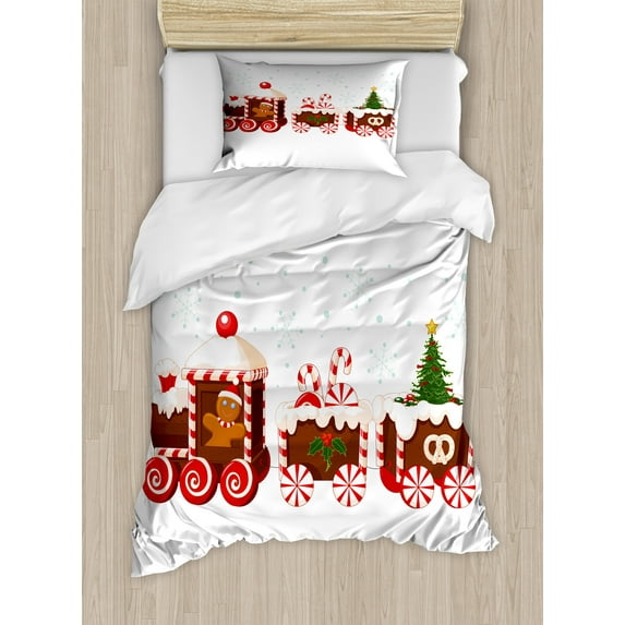 Christmas Duvet Cover Set, Train Gingerbread Cream Candy Cartoon Snowflakes Presents, Decorative 2 Piece Bedding Set with 1 Pillow Shams, Twin Size, White Brown Vermilion, by Ambesonne