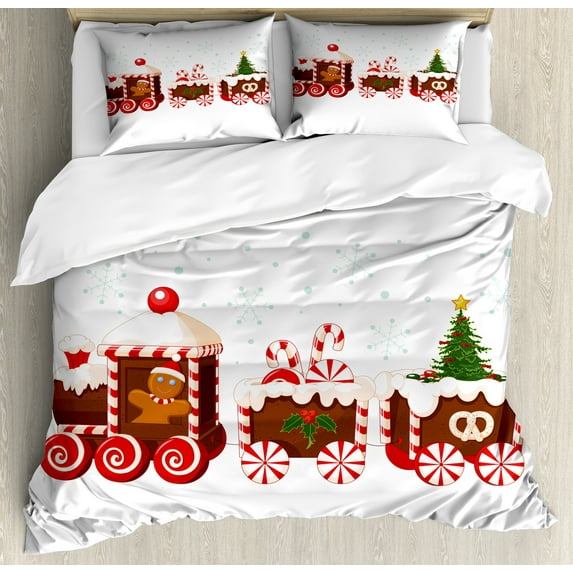 Christmas Duvet Cover Set, Train Gingerbread Cream Candy Cartoon Snowflakes Presents, Decorative 3 Piece Bedding Set with 2 Pillow Shams, King Size, White Brown Vermilion, by Ambesonne
