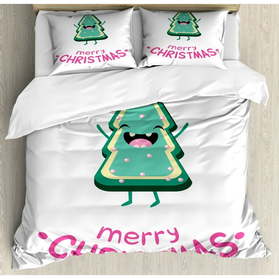 Christmas Duvet Cover Set, Christmas Tree Shaped Joyous Cookie with Hands up New Year and Xmas, Decorative 3 Piece Bedding Set with 2 Pillow Shams, King Size, Jade Green Pink White, by Ambesonne