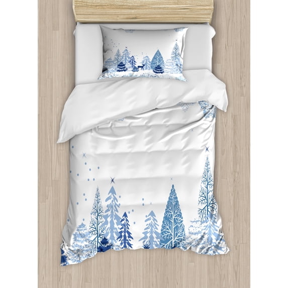 Christmas Duvet Cover Set Twin Size, Artistic Winter Forest in Xmas Time Landscape Trees Rein Deer Styled Snowflakes, Decorative 2 Piece Bedding Set with 1 Pillow Sham, Multicolor, by Ambesonne