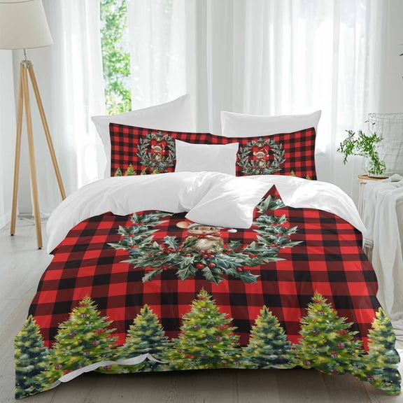 Christmas Duvet Cover Set Twin Size, Cute Mouse Pine Tree Leaf Wreath Red Black Checkered 4 Piece Soft Microfiber Bedding Set with Zipper Closure, 1 Comforter Cover, 1 Flat Sheet, 2 Pillowcases