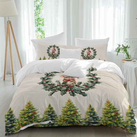 Christmas Duvet Cover Set Twin Size, Cute Mouse Pine Tree Leaf Wreath Vintage Linen 4 Piece Soft Microfiber Bedding Set with Zipper Closure, 1 Comforter Cover, 1 Flat Sheet, 2 Pillowcases