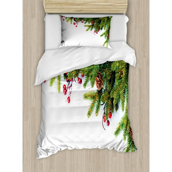 Christmas Duvet Cover Set Twin Size, Evergreen Fir Tree Branches with Cones Yule Celebration Holly Culture Design, Decorative 2 Piece Bedding Set with 1 Pillow Sham, Green Brown, by Ambesonne