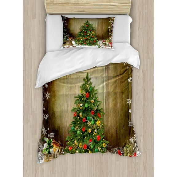 Christmas Duvet Cover Set Twin Size, Festive Pine Tree with Present Boxes on Snowy Board Xmas at Countryside Theme, Decorative 2 Piece Bedding Set with 1 Pillow Sham, Multicolor, by Ambesonne