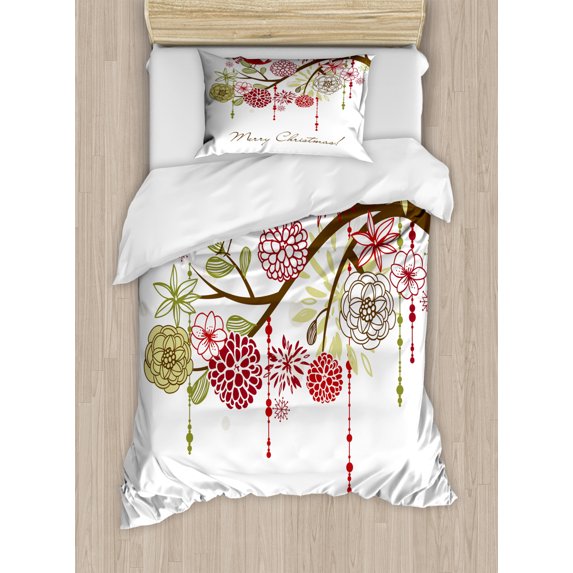 Christmas Duvet Cover Set Twin Size, Floral Winter Red Bird Hat and Scarf on Blooming Tree Nature Inspired, Decorative 2 Piece Bedding Set with 1 Pillow Sham, Green White, by Ambesonne
