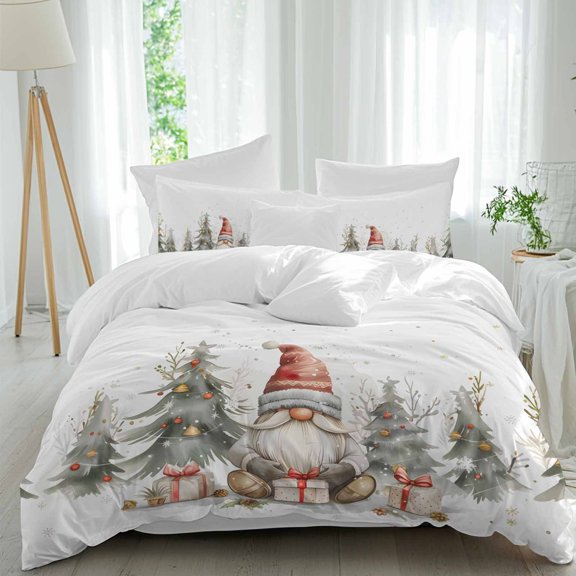Christmas Duvet Cover Set Twin Size, Gnome Evergreen Cap Bells Watercolor 4 Piece Soft Microfiber Bedding Set with Zipper Closure, 1 Comforter Cover, 1 Flat Sheet, 2 Pillowcases
