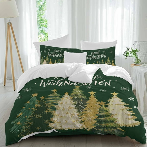 Christmas Duvet Cover Set Twin Size, Green Xmas Tree Snow Frohe Weihnachten Dark Green 4 Piece Bedding Set with Zipper Closure & Corner Ties Soft Breathable Comforter Cover for Bedroom