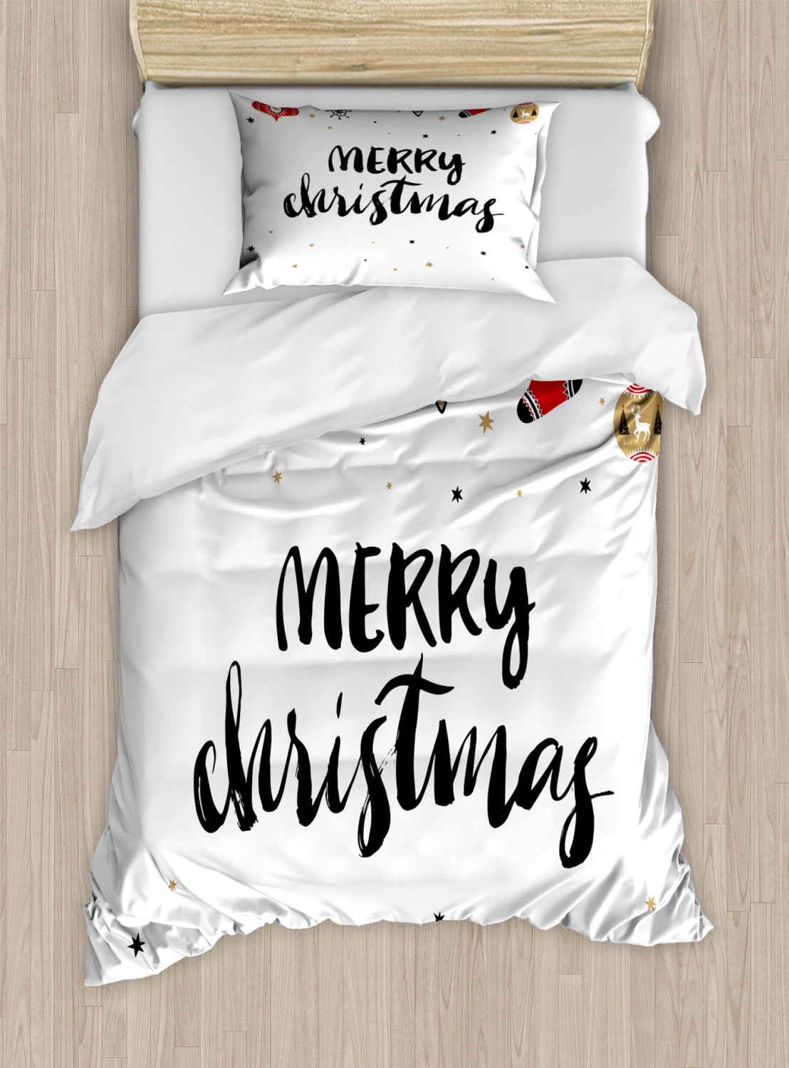 Merry Christmas Twin Size White Microfiber Duvet Cover Set