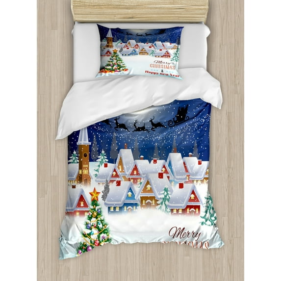 Christmas Duvet Cover Set Twin Size, Moon Santa Claus Reindeer Hovering in Winter Sky of a Small Village Illustration, Decorative 2 Piece Bedding Set with 1 Pillow Sham, Navy White, by Ambesonne