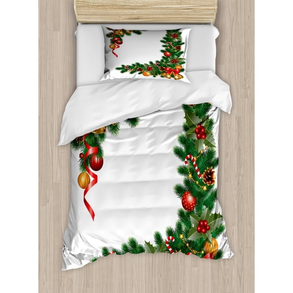 Christmas Duvet Cover Set Twin Size, Noel Ornaments Themed Fir Tree with Ornaments Classical New Year Concept Print, Decorative 2 Piece Bedding Set with 1 Pillow Sham, Multicolor, by Ambesonne