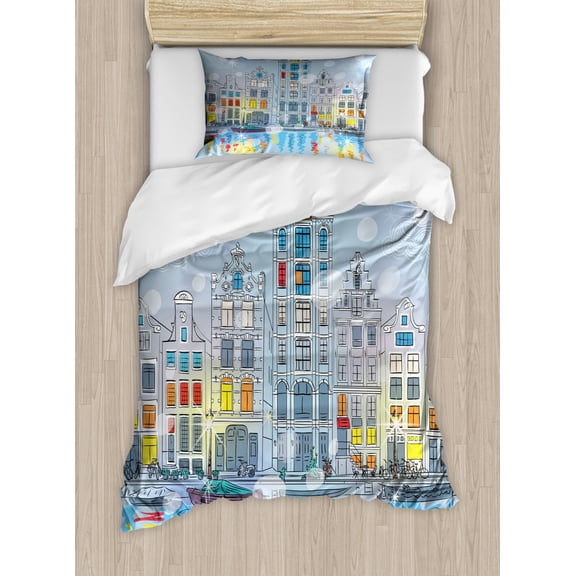 Christmas Duvet Cover Set Twin Size, Noel Time at Amsterdam Canal with Historical Famous Buildings North Europe Design, Decorative 2 Piece Bedding Set with 1 Pillow Sham, Multicolor, by Ambesonne