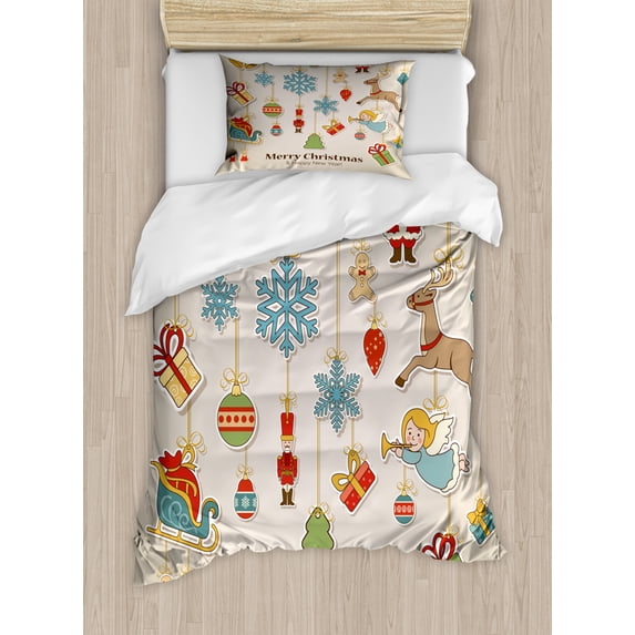 Christmas Duvet Cover Set Twin Size, Noel Xmas Winter Holiday Themed Icons Celebratory Objects Retro Graphic Style, Decorative 2 Piece Bedding Set with 1 Pillow Sham, Multicolor, by Ambesonne