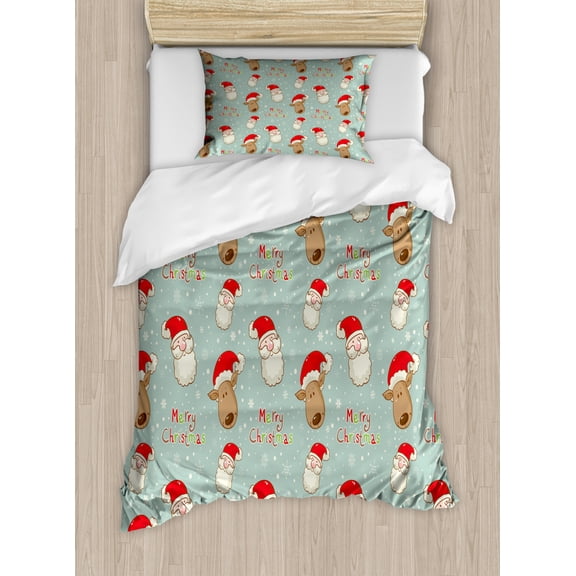 Christmas Duvet Cover Set Twin Size, Santa Claus and His Deer Celebrating Your Holiday Vintage Cartoon on Snowflakes, Decorative 2 Piece Bedding Set with 1 Pillow Sham, Multicolor, by Ambesonne