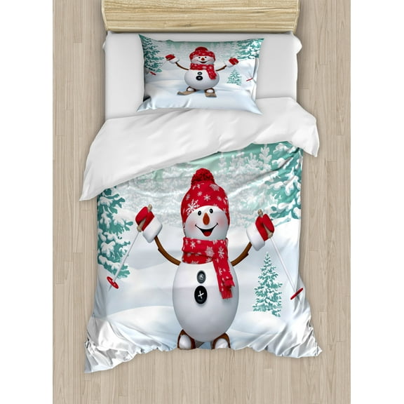 Christmas Duvet Cover Set Twin Size, Snow Covered Mountain with Fir Trees and Skiing Snowman Fun Holiday Activity, Decorative 2 Piece Bedding Set with 1 Pillow Sham, Teal Red White, by Ambesonne