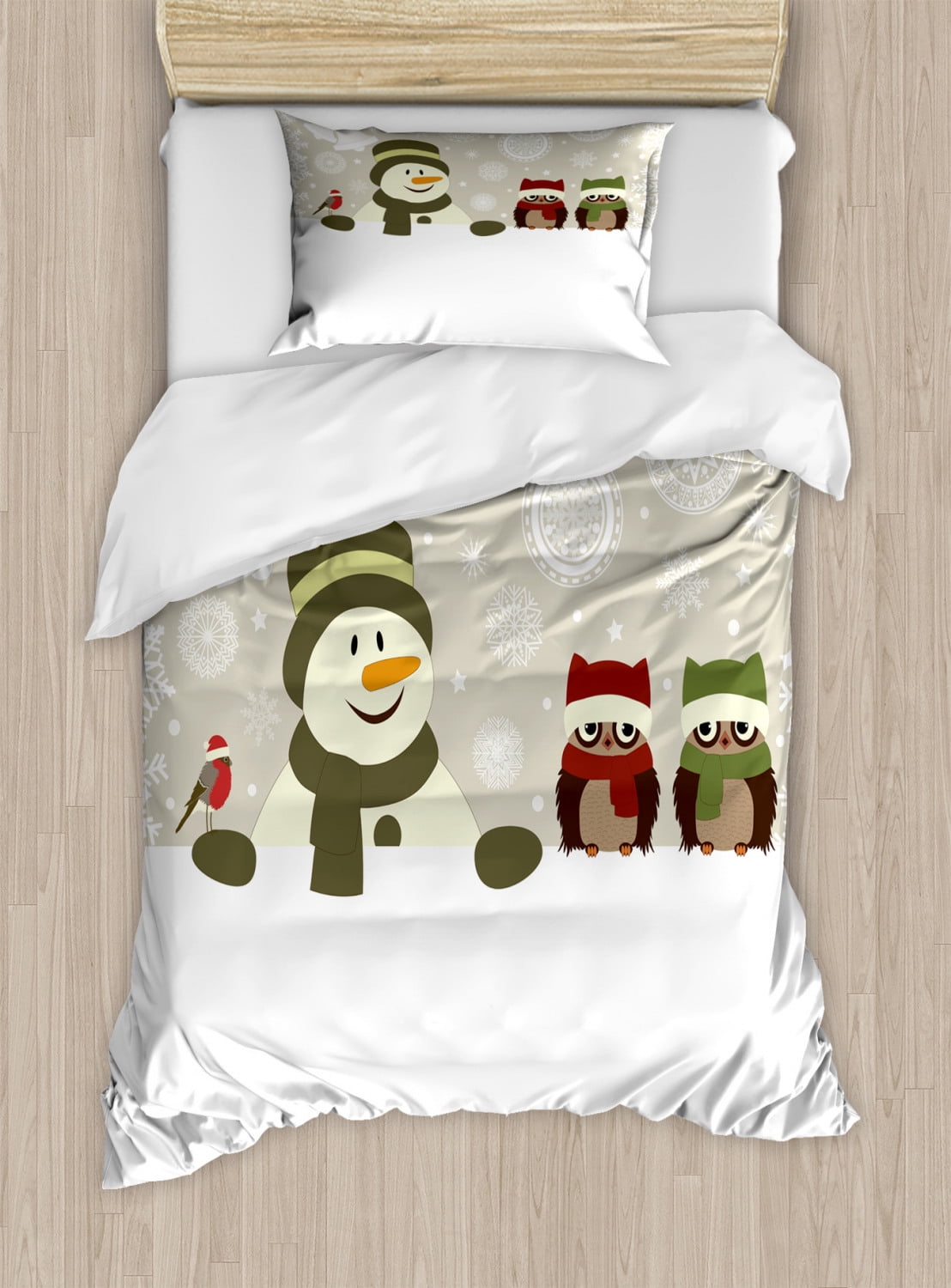 Twin Christmas Snowman and Owls Microfiber Duvet Set