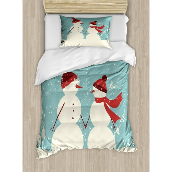 Christmas Duvet Cover Set Twin Size, Snowman and Woman Romantic Couple In Love Holding Hands Grunge Display, Decorative 2 Piece Bedding Set with 1 Pillow Sham, Seafoam Red Cream, by Ambesonne