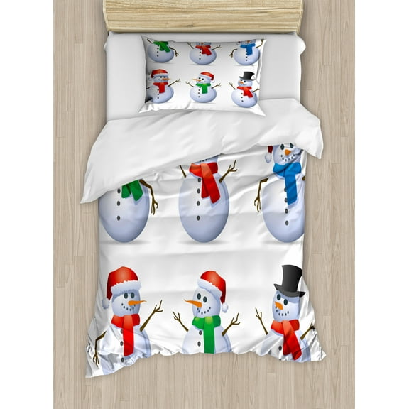 Christmas Duvet Cover Set Twin Size, Snowmen with Different Cute Hats and Scarfs Carrot Noses Xmas Winter Season Theme, Decorative 2 Piece Bedding Set with 1 Pillow Sham, Multicolor, by Ambesonne