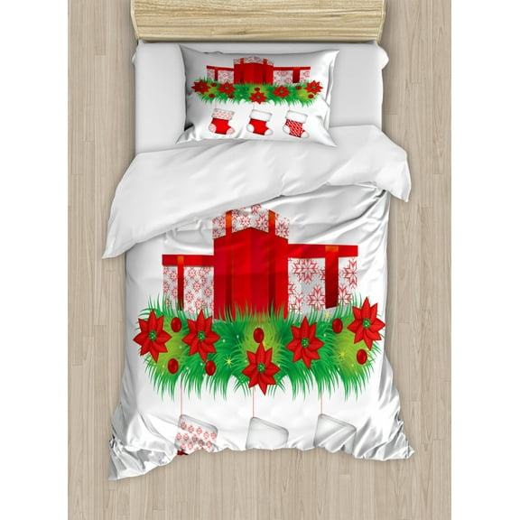Christmas Duvet Cover Set Twin Size, Stockings Hanging for Santa Mistletoe Illustration Merry Christmas for All, Decorative 2 Piece Bedding Set with 1 Pillow Sham, Red Emerald White, by Ambesonne