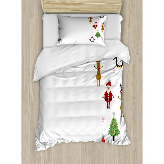 Christmas Duvet Cover Set Twin Size, Stylized Reindeers Santa Claus Penguins and Xmas Tree on Stripes Cute Design, Decorative 2 Piece Bedding Set with 1 Pillow Sham, Multicolor, by Ambesonne