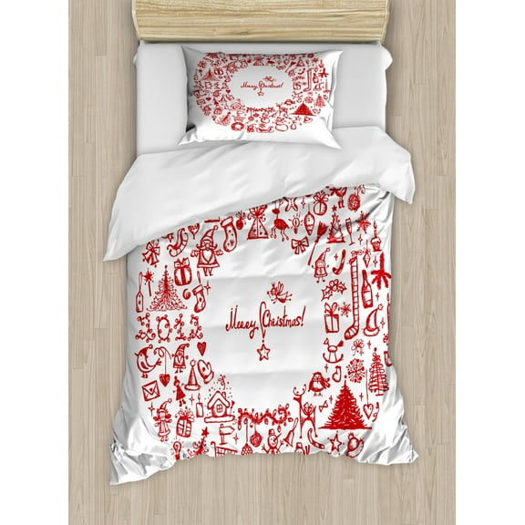 Christmas Duvet Cover Set Twin Size, Vintage Merry Xmas Wreath with Several Noel Yule Icons and Ribbons Candles Bells Image, Decorative 2 Piece Bedding Set with 1 Pillow Sham, Red, by Ambesonne