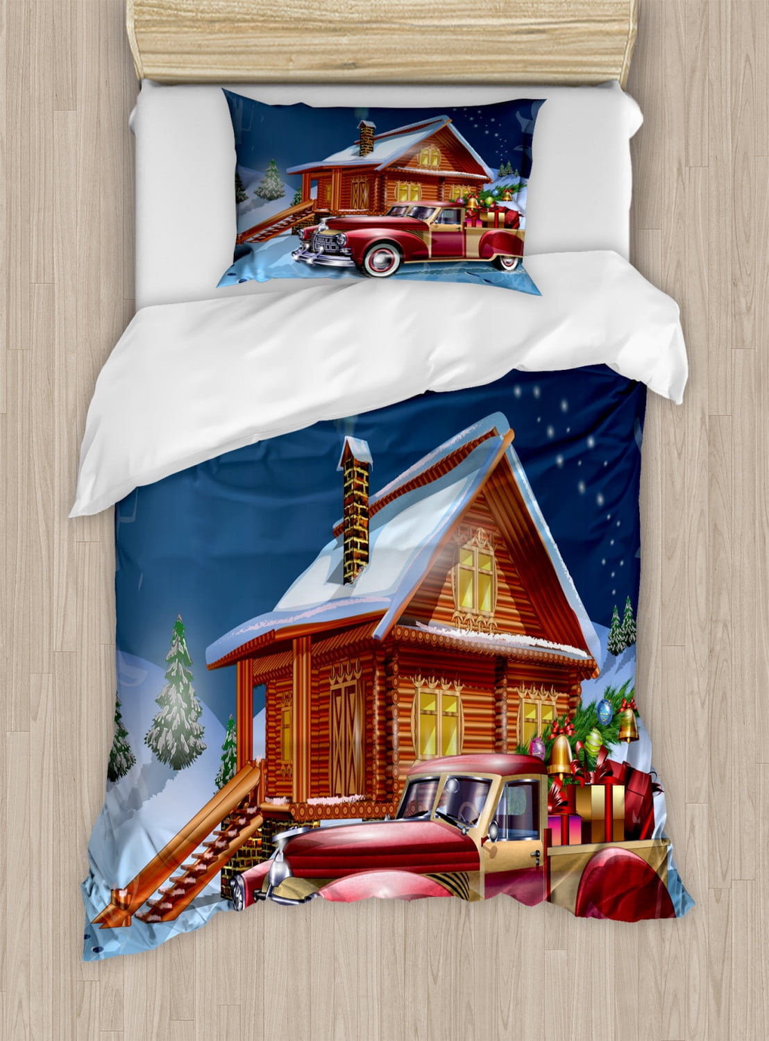 Twin Multicolor Christmas Lodge and Truck Duvet Cover Set