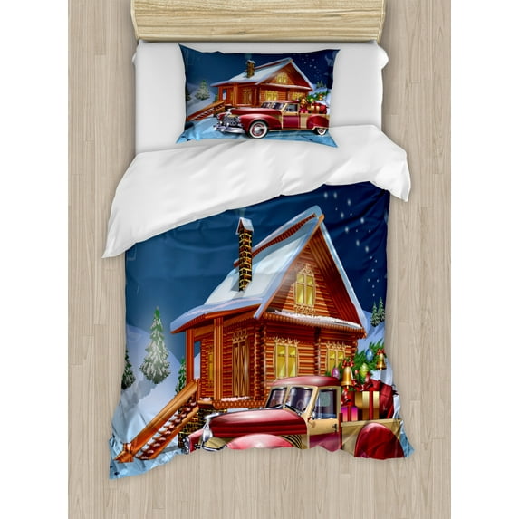 Christmas Duvet Cover Set Twin Size, Wooden Lodge with Classic American Truck and Tree Gifts Starry Sky Winter Snow, Decorative 2 Piece Bedding Set with 1 Pillow Sham, Multicolor, by Ambesonne