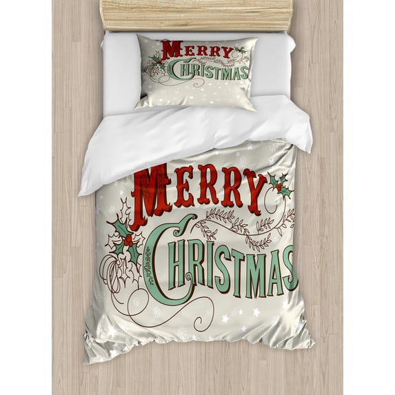 Christmas Duvet Cover Set Twin Size, Xmas Stars and Snowflakes Backdrop with Stylized Retro Lettering, Decorative 2 Piece Bedding Set with 1 Pillow Sham, Eggshell Sea Green Ruby, by Ambesonne