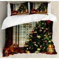 thumbnail image 1 of Christmas Duvet Cover Set, Vintage Ambiance Big Old Fashioned Window Xmas Tree Various Presents, Decorative 3 Piece Bedding Set with 2 Pillow Shams, Calking Size, Brown Red Green, by Ambesonne, 1 of 3