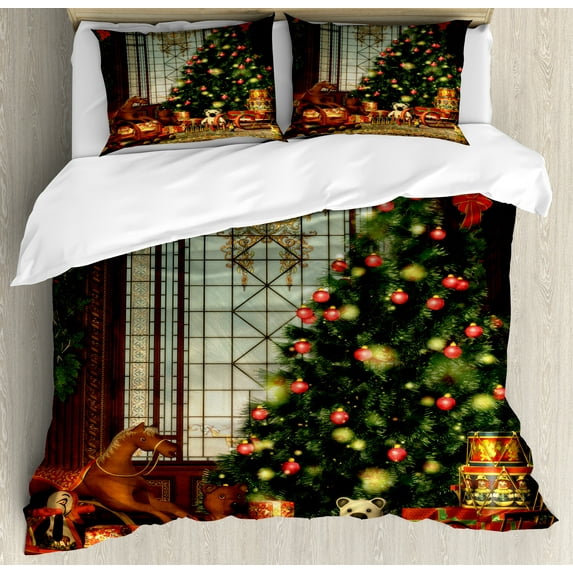 Christmas Duvet Cover Set, Vintage Ambiance Big Old Fashioned Window Xmas Tree Various Presents, Decorative 3 Piece Bedding Set with 2 Pillow Shams, Queen Size, Brown Red Green, by Ambesonne