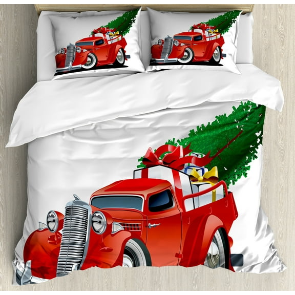 Christmas Duvet Cover Set, Vintage American Truck with Large Xmas Tree and Gift Boxes Pickup Retro Vehicle, Decorative 3 Piece Bedding Set with 2 Pillow Shams, King Size, Green White, by Ambesonne
