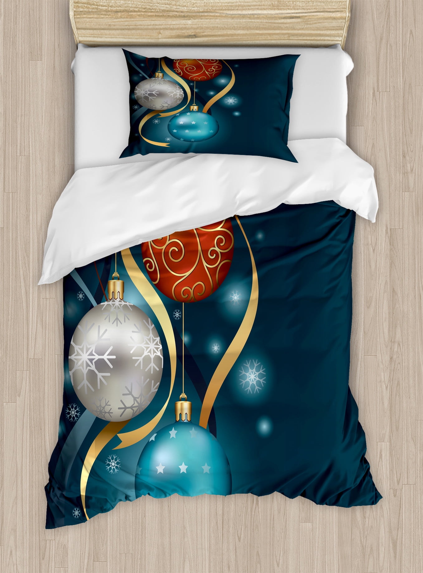 Christmas Duvet Cover Set, Vivid Classical Baubles with Ribbons and