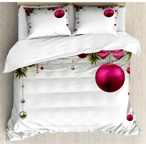 Christmas Duvet Cover Set, Vivid Fir Twigs and Magenta Balls Framework Special Day Preparation, Decorative 3 Piece Bedding Set with 2 Pillow Shams, Queen Size, Magenta Olive Green Grey, by Ambesonne
