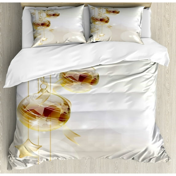 Christmas Duvet Cover Set, Xmas Balls with Swirled Ribbons and Stars on Modern Abstract Background, Decorative 3 Piece Bedding Set with 2 Pillow Shams, King Size, Brown Yellow White, by Ambesonne