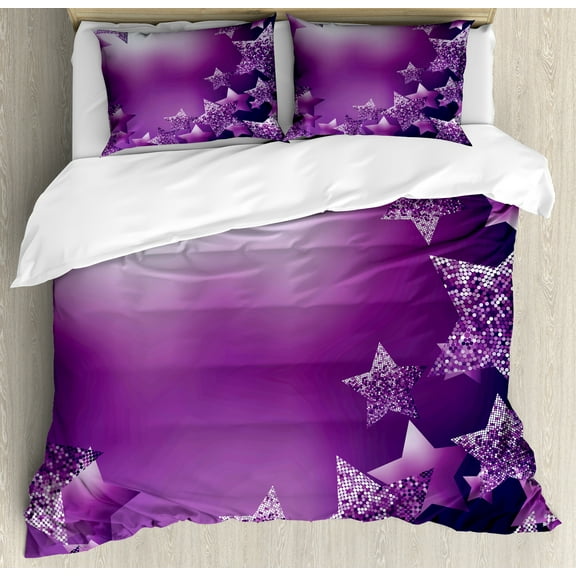 Christmas Duvet Cover Set, Xmas Stars Backdrop with Vibrant Fractal Little Squares Abstract Design, Decorative 3 Piece Bedding Set with 2 Pillow Shams, Calking Size, Purple, by Ambesonne