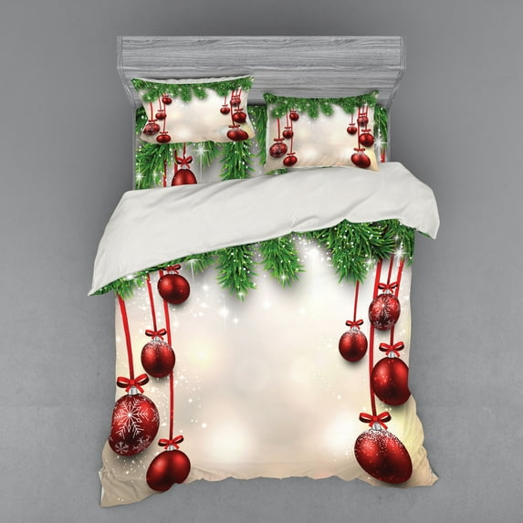 Christmas Duvet Cover Set, Xmas Traditional Winter Season Theme Fir Twigs and Vibrant Balls Graphic Print, Bedding Set with Shams and Fitted Sheet, 3 Sizes, by Ambesonne