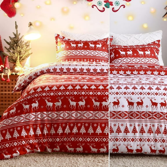 Christmas Duvet Cover, Soft Microfiber Red Duvet Covers, Reversible Printed Comforter Cover Set Christmas Holiday Decorative Bedding