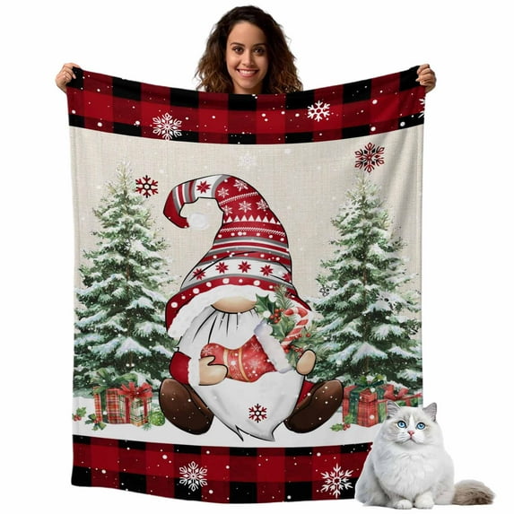 Christmas Dwarf Flannel Blanket for Bed,Travel and Camping, Winter Snowflakes Xmas Trees Vintage Plaid Super Soft Cozy Blanket for All Seasons 60"x80"