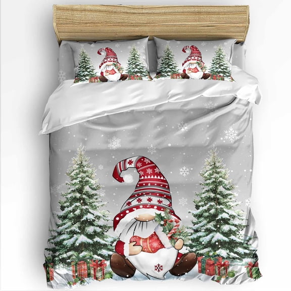 Christmas Dwarf Queen Size Comforter Set, Winter Christmas Tree Snowflakes Gray Soft Bedding for All Seasons, 4 Pcs Bed Set with 1Comforter (90"x92") ,1 Sheet(94"x116"), 2 Pillowcases (19"x29")