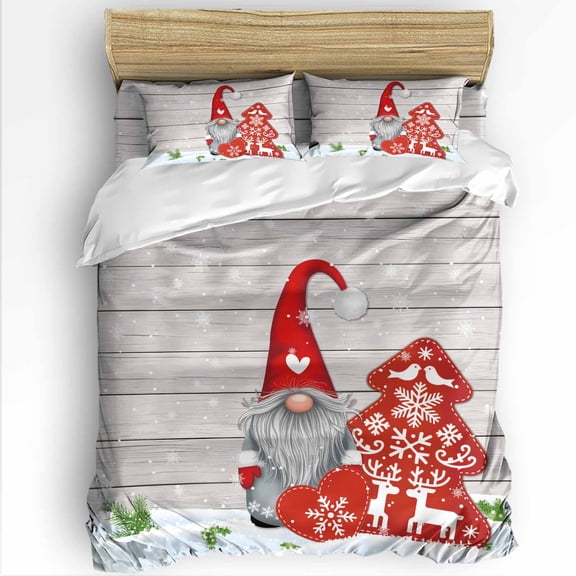 Christmas Dwarf Queen Size Comforter Set, Winter Red Snowflakes Tree Gray Wood Grain Soft Bedding for All Seasons, 4 Pcs Bed Set with 1Comforter (90"x92") ,1 Sheet(94"x116"), 2 Pillowcases (19"x29")