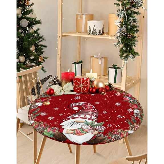 Christmas Dwarf Round Fitted Tablecloth,Xmas Gnome Table Cover with Elastic Edge Waterproof Table Cloth,Snowflake Pine Cone Red Circle Table Covers for Kitchen Indoor Outdoor Picnic Party 36-44in