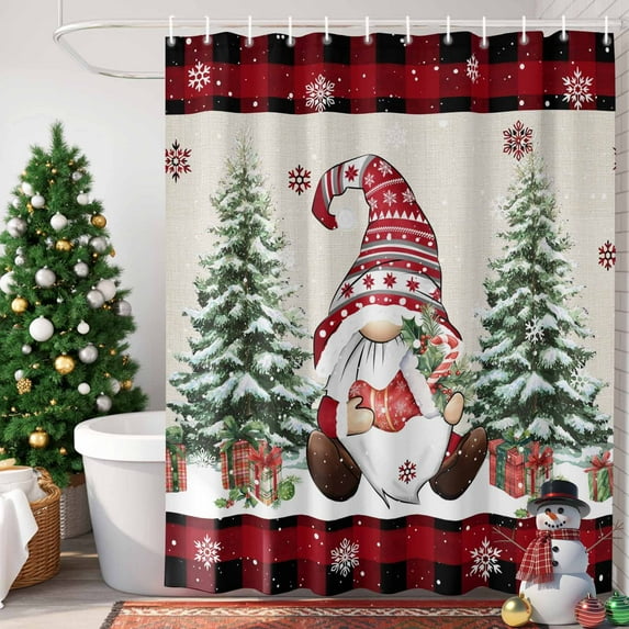Christmas Dwarf Shower Curtain, 48" x 72", Winter Snowflakes Xmas Trees Vintage Plaid Waterproof Bathroom Curtain Washable Shower Curtain Set with 12 Hooks