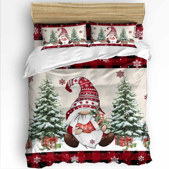 Christmas Dwarf Twin Size Comforter Set, Winter Snowflakes Xmas Trees Vintage Plaid Soft Bedding for All Seasons, 4 Pcs Bed Set with 1 Comforter (68"x86") ,1Sheet(66"x116"), 2 Pillowcases (19"x29")