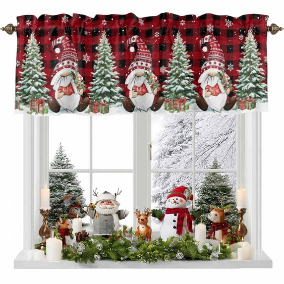 Christmas Dwarf Valances for Windows, 42 x 18in, Winter Christmas Tree Snowflakes Red Plaid Rod Pocket Kitchen Valance Curtain Light Filtering Window Treatments for Living Room Bedroom, 1 Panel