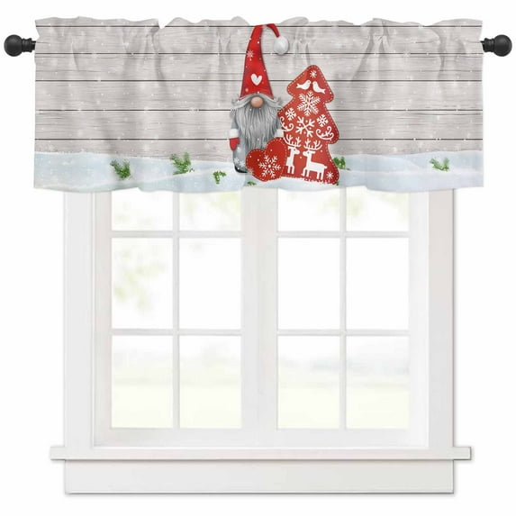 Christmas Dwarf Valances for Windows, Winter Red Snowflakes Tree Gray Wood Grain Light Filtering Window Treatment Valances, Rod Pocket Small Curtains for Kitchen/Bathroom, 56"x16"