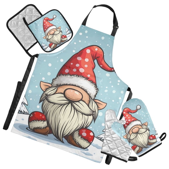 Christmas Dwarf in Winter 5 Pcs Kitchen Set Heat Resistant Oven Mitts and Non-Slip Pot Holders with Adjustable Cooking Apron