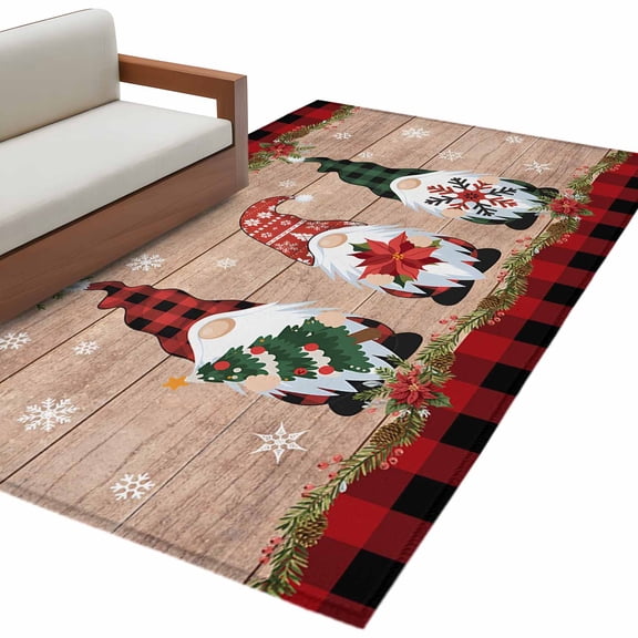 Christmas Dwarfs Area Rug 2.7x5ft Xmas Snowflake Poinsettia Wooden Red Plaid Non-Slip Washable Square Rugs Soft Felt Indoor Floor Mat for Bedroom Kitchen Living Room Bathroom