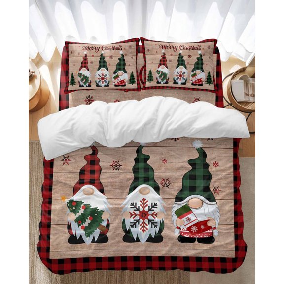 Christmas Dwarfs Bedding Duvet Cover Set Full Size 4 Pieces Xmas Snowflakes Retro Wooden Red Plaid Bedding Set with Zipper Closure, 1 Comforter Cover 86x86 Inches 1 Flat Sheet & 2 Pillow Cases