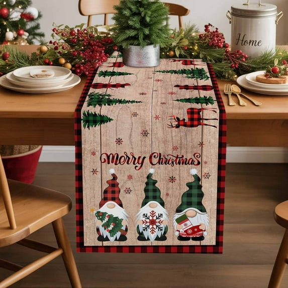 Christmas Dwarfs Cotton Linen Table Runner Xmas Snowflakes Retro Wooden Red Plaid Dining Table Runners for Home Decor Party Dining Room Restaurant Kitchen Party 13" x 48"