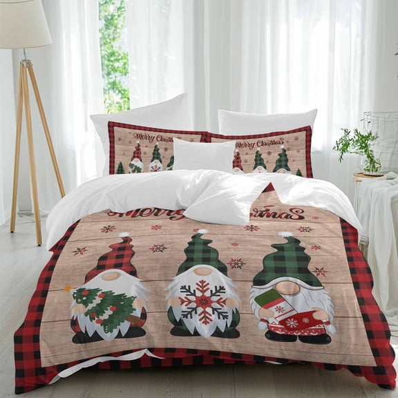 Christmas Dwarfs Duvet Cover Set King Size, Xmas Snowflakes Retro Wooden Red Plaid 4 Piece Soft Microfiber Bedding Set with 1 Duvet Cover, 1 Flat Sheet, 2 Pillowcases